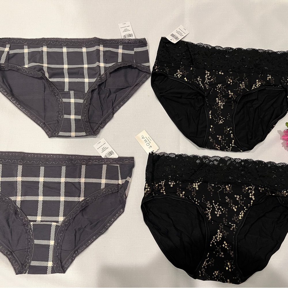 SOMA Black Gold Stars & Gray Plaid Lace Trim Hipster Panties Size L NWT Lot of 4